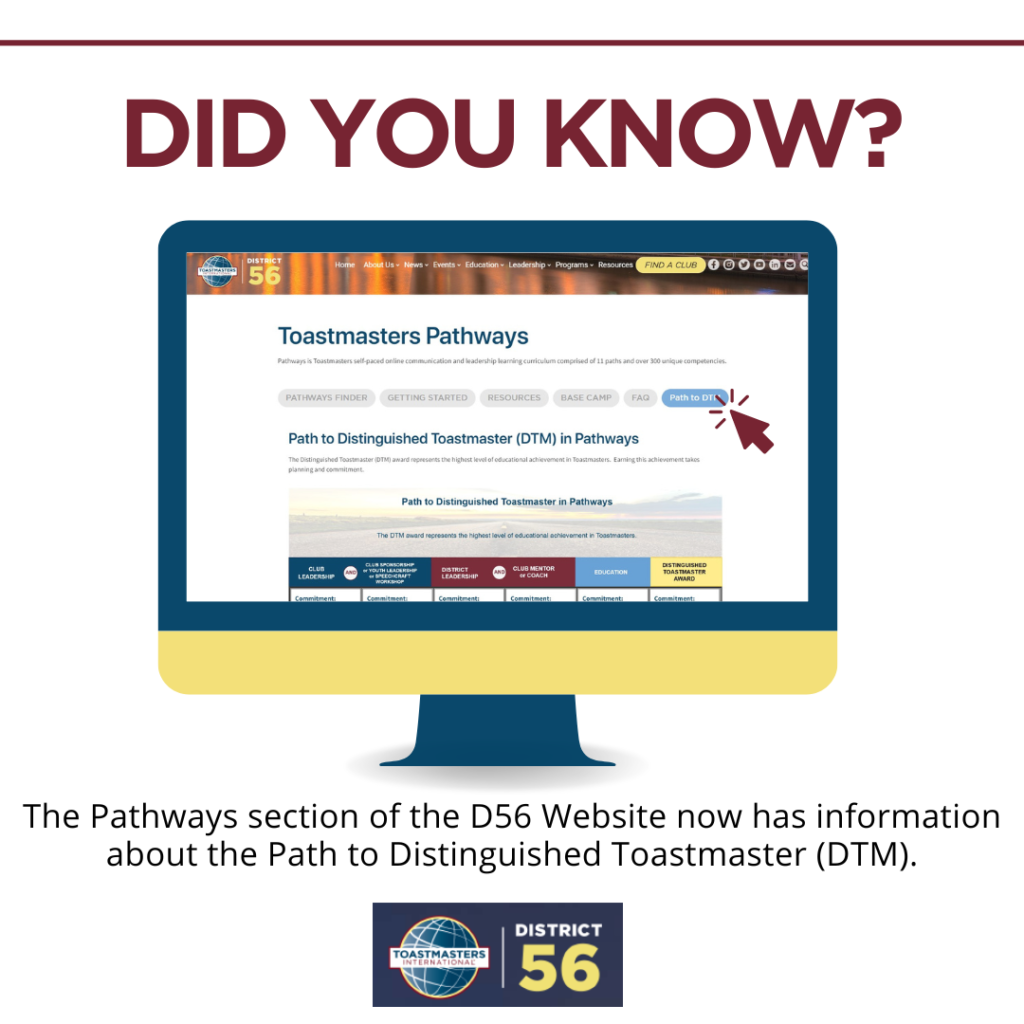 Graphic showing a computer screen with information for accessing the Path to DTM section of the District  56 website.