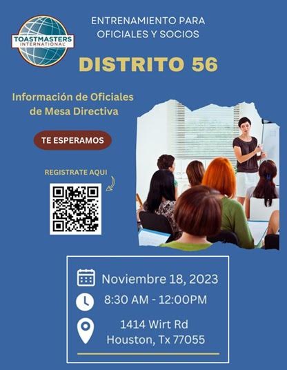 Flyer in Spanish promoting Toastmasters Club Officer Training. Se llevará a cabo el 18 de noviembre en Houston.Nos vemos en la 1414 Wird Rd, a las 8:30 am.